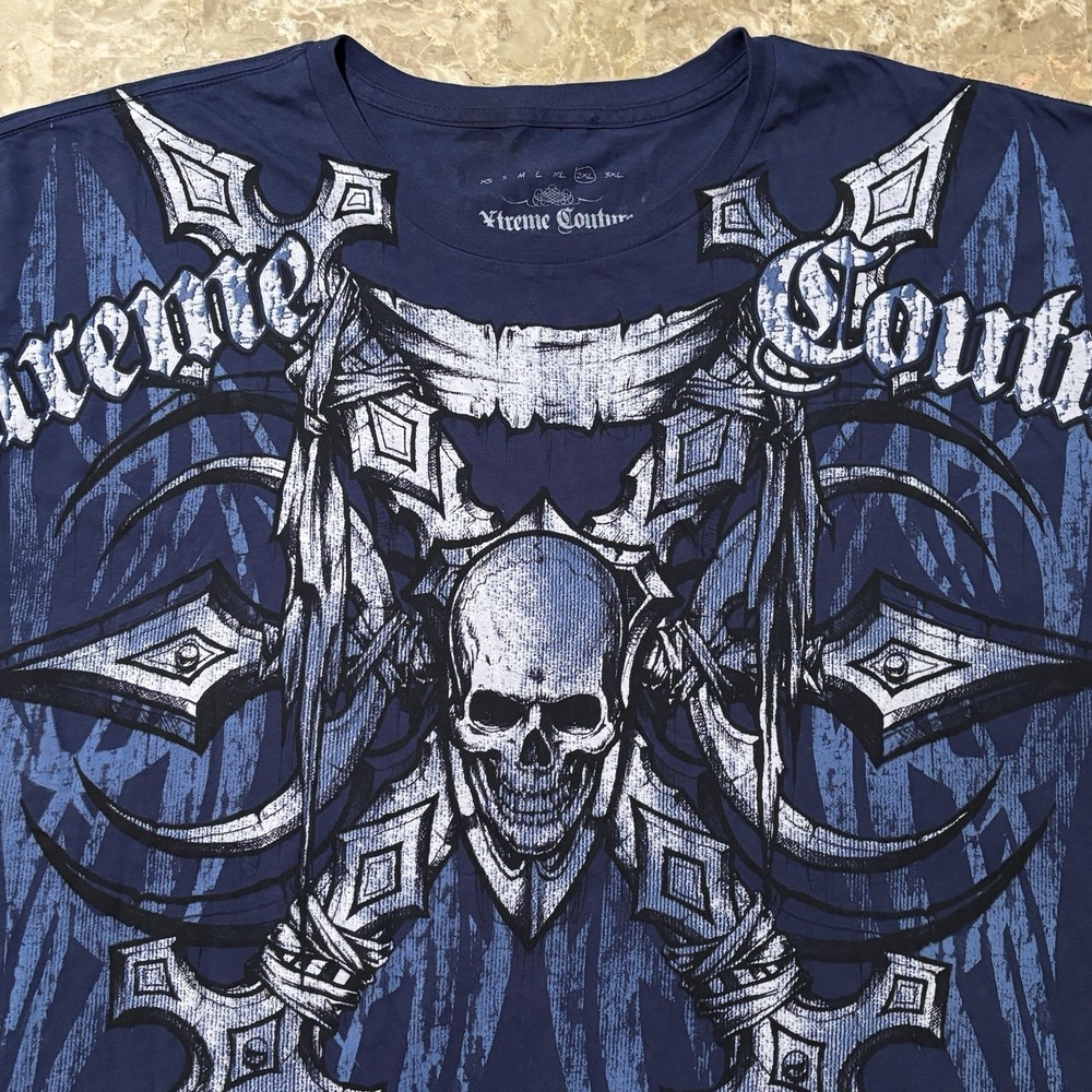 Xtreme Couture Shirt Mens 2XL Blue Short Sleeve Wings Skulls Y2K Affliction